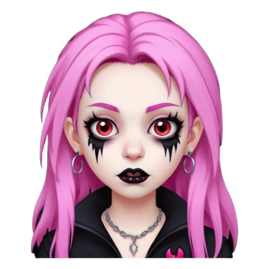 girl, pale black vampire, pink hair, very long, shaggy, dark, spooky,double eyebrow dermal piercing, creepy expression sticker