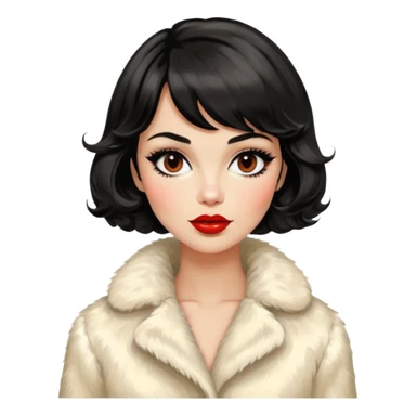 Alluring 1960's mod French girl french shiny black wavy textured bob haircut tousled hair red lips wearing cream fur coat sticker