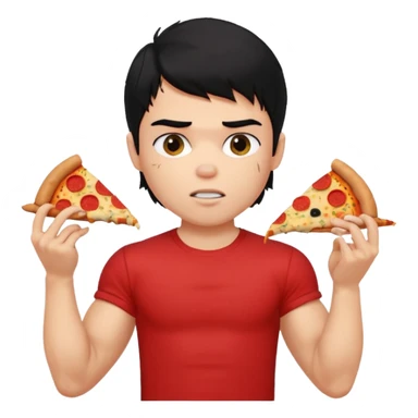 generate a pretty fair bratz boy with a messy mullet (black hair), wearing a red tshirt. eating pizza. He has big biceps and ripped sticker