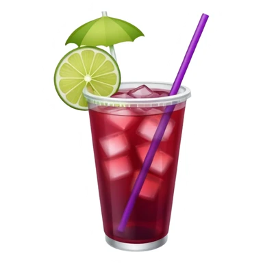 maroon purple cocktail with a lime wedge in the drink in a plastic cup with lid and straw  sticker