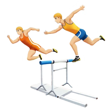 A collage of track and field equipment: a starting block, javelin, hurdle, discus, and high jump bar, symbolizing various disciplines. The background features a vibrant stadium with a running track, field events area, and cheering crowds.  sticker