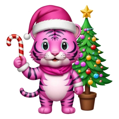 Pink tiger with Santa hat and candy cane and thumbs up, sitting by a brightly lit colorful Christmas tree sticker