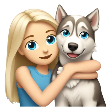 a girl with blue eyes and light-blond hair hugs a husky dog ​​with brown eyes sticker