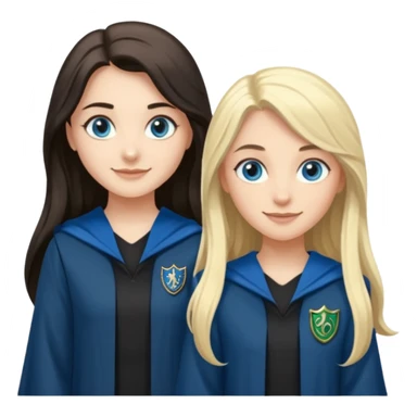 a pretty ravenclaw girl with long dark brown hair and blue eyes standing with a hot Slytherin girl with long blonde hair, blue eyes sticker