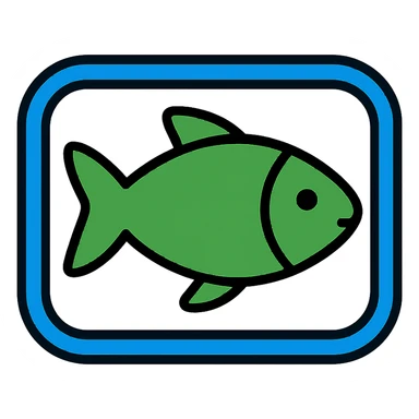 Create a minimalistic, flat icon of a green fish inside a blue rounded rectangle border. Use clean, simple lines with the rectangle in shades of blue and the fish in green for contrast. The background should be fully transparent with minimal use of other colors, prioritizing clarity and recognizability. Style consistent with previous icons provided in the references. sticker