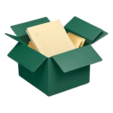 3D minimal open box with papers and documents floating out, matte finish, deep green (#0B3D2C) box, cream (#F5F5DC) papers, gold (#C9B037) subtle glow, Apple style, clean and premium, soft shadow, transparent background sticker