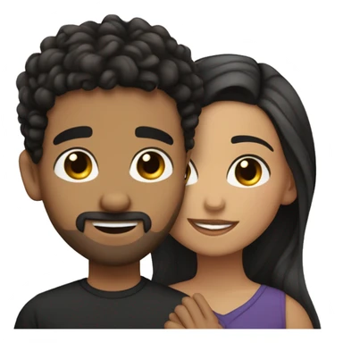 Hispanic girl with light skin, hazel eyes and black wavy hair side hugging Arab boy with medium curly hair and a small mustache and goatee sticker