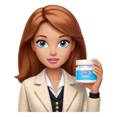 A Barbie girl with blue eyes, shoulder-length reddish-brown hair with makeup, wearing a white tweed jacket and a black skirt, holds pale beige body moisturizer cream pot sticker