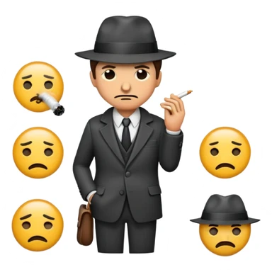 A pack of emoji-style illustrations of a noir detective wearing a classic suit and fedora, holding or smoking a cigarette. Each emoji shows a different expression or pose: thinking, sneaking, investigating with a magnifying glass, standing in the rain, looking mysterious, suspicious, angry, happy, and tired. Stylized like emojis: clean, simple, colorful, with expressive faces. Transparent background. sticker