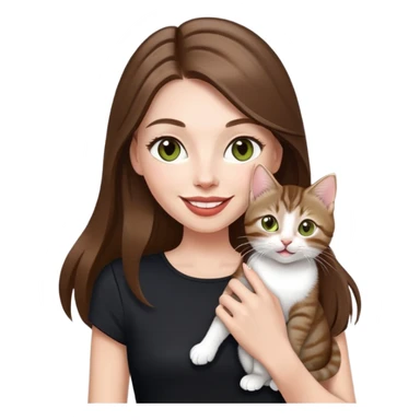 White Woman with VERY long straight brown hair, rosy lips, chartreuse eyes, cute happy big smile holding a white and brown tabby kitten, wearing a black purse sticker