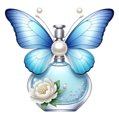 A delicate glass perfume bottle with an iridescent pearl finish rests on a vintage lace doily. A pale blue butterfly flutters nearby, its shimmering wings catching the soft golden light. Scattered white peony petals and a string of pearls add a touch of timeless elegance. sticker