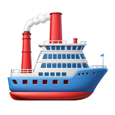 3D Apple-style emoji of a ship with simplified shapes, cartoon-like look, glossy finish, soft shadows, white background, featuring a red smokestack, blue hull, and recognizable windows sticker