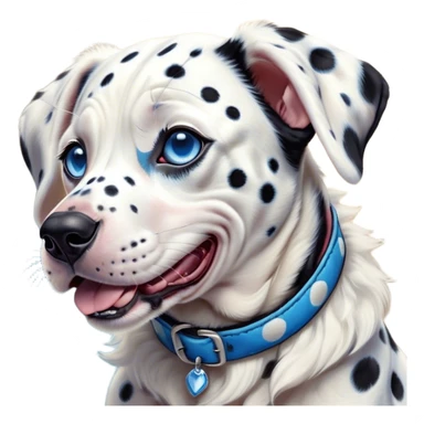 Cinematic Cute Yawning Harlequin Dalmatian Portrait Emoji, Head tilted slightly with a dramatic, wide-open yawn, showcasing a smooth Fur of predominantly white with bold black patches, floppy ears slightly drooping, round blue eyes barely open in drowsy contentment, Simplified yet irresistibly adorable features, highly detailed, glowing with a soft, cozy glow, high shine, relaxed yet expressive, stylized with a touch of whimsy, bright and endearing, soft glowing outline, capturing the essence of a sleepy yet affectionate guardian, so drowsy it feels like it could stretch out of the screen and curl up for a nap! sticker