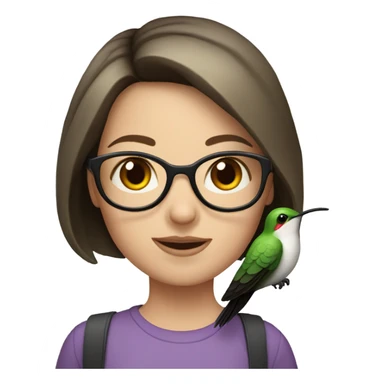 Girl pale , brunette, with short hair, wearing glasses with a hummingbird next to her sticker