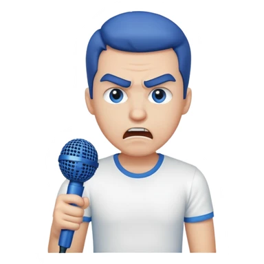 a man in a white T-shirt and a blue microphone gets angry when people tell him about his cell phone. sticker