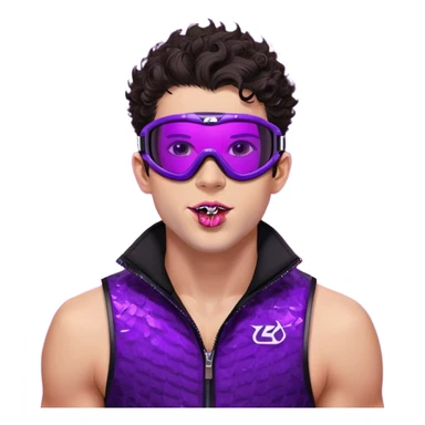 close-up of cool guy male athlete with white skin and moderately curly dark brown hair on top with shaved sides, with one purple ski goggle lens pushed up above his eyes on his forehead, sticking his tongue out of his mouth, a simple plain black chain necklace, and a completely unzipped sleeveless vest with purple and black sequin fire pattern design with no logo sticker
