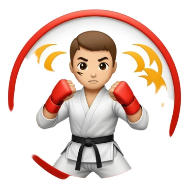 An emblem-style emoji symbolizing striking martial arts. The design features a stylized fighter in a dynamic stance, delivering a powerful punch, surrounded by a circular border with traditional elements like fists and combat symbols. Bold, clean lines with contrasting colors. sticker