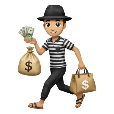 Make a man wear a black pant and he shirt is balck line and white line and wear a black hat and he holding a money bag and he running he wear a black eye thing no money in the Left hand and he yellow and the money bag in the right he wear a flip flop like this is Money bag 💰 NO MONEY sticker