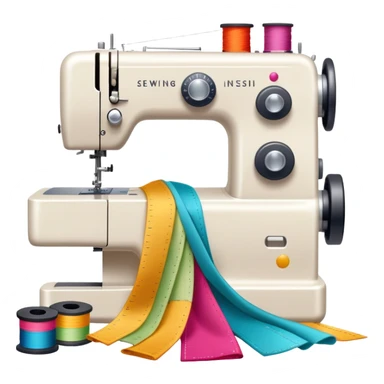 Sewing icon, sewing machine with thread, visible needle, spools of thread, fabric pieces cut according to patterns, measuring tape, pins, scissors, and a dress in progress, minimalistic style, clean lines, transparent background. sticker