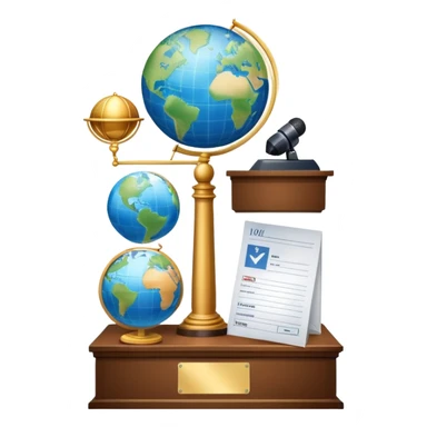 An icon featuring a podium with a speaker, a ballot box with a voting slip, and a globe, symbolizing political science. The design includes scales of justice and a world map in the background, representing governance and global politics. Transparent background highlights political analysis. sticker