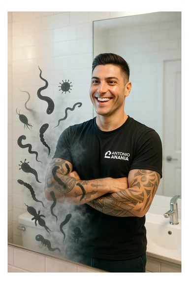 a man stands in a brightly lit bathroom, looking relieved and revitalized as he examines his reflection in the mirror. In the foreground, stylized, shadowy images of parasites (such as worms or protozoa) are shown leaving his body, dissolving into mist or fading away. His posture is upright and his expression is one of newfound energy and health. sticker