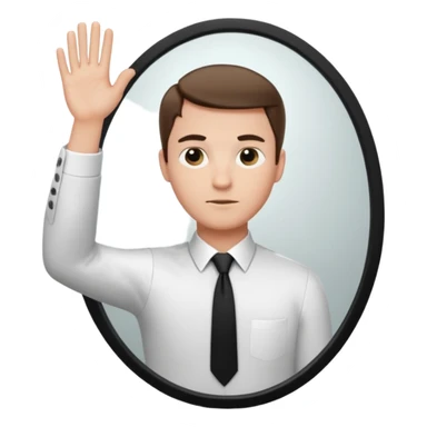 A man wearing a white dress shirt and black tie looking into a mirror holding up his hand. We should be seeing the back of the man and his reflection in the mirror. sticker