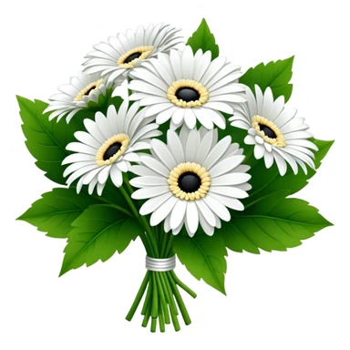 bouquet White Gerbera Daisy, luxuriant, leaf, bud, black pollen sticker