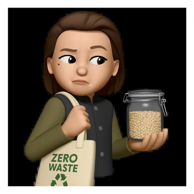Edit the image to show the woman shopping in a zero waste store, holding a reusable bag and a glass jar. She should have a sneaky or curious expression as if spying on other customers. Keep the original style of the image. Make the background transparent. sticker