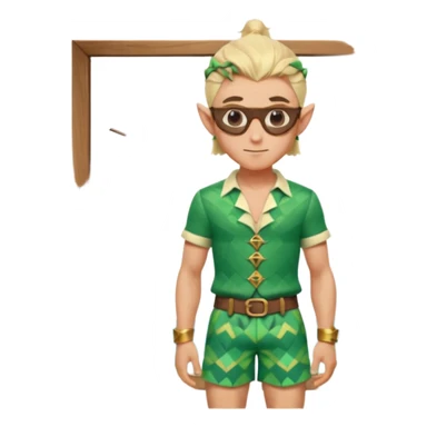 elf male legolas portrait, patterned board shorts (geometric/abstract), unique wooden-framed sunglasses, undercut hairstyle, slight smirk, visible pointy ears, no background, centered emoji, hipster summer vibe coctails sticker