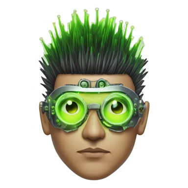 Mohawk hair with neon green highlights Asian male cyborg head with neon silver steampunk goggles and circuits sticker