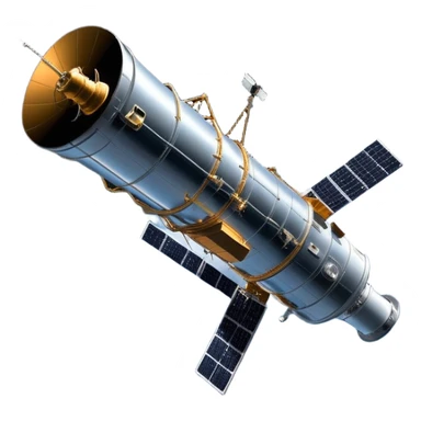 cinematic-realistic-hubble-space-telescope-emoji, an awe-inspiring, ultra-detailed depiction of the Hubble Space Telescope floating in space, its large, reflective metallic surface gleaming against the backdrop of the infinite blackness. The telescope's vast solar panels extend outwards, catching the light from distant stars, while its intricate, cylindrical body showcases advanced, precise engineering. The telescope's large, hexagonal lens is pointed towards the cosmos, surrounded by mechanical components, wires, and sensors. The detailed textures of the telescope’s metallic exterior, the shiny reflective coating, and the intricate grid-like solar panels are sharply contrasted against the void of space, with distant stars and nebulae faintly visible in the background, adding to the sense of scale and technological marvel; rendered with extreme realism and attention to detail. sticker