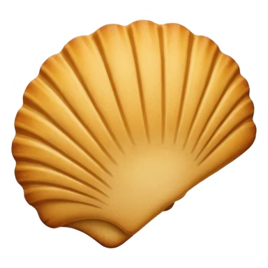A madeleine pastry. Scalloped seashell shape with ONLY four to five vertical lines going in the same direction. Light golden brown. Scalloped edge. Cookie. Flat. Long. Oval shape sticker
