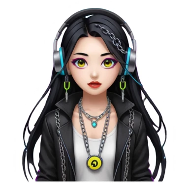  korean-techno-dj-girl,-wearing-a-stylish-edgy-outfit-with-metallic-chains,-long-black-hair,-performing-in-a-neon-lit-underground-club,-cyberpunk-aesthetic,-high-detail-3d-emoji-style,-energetic-and sticker