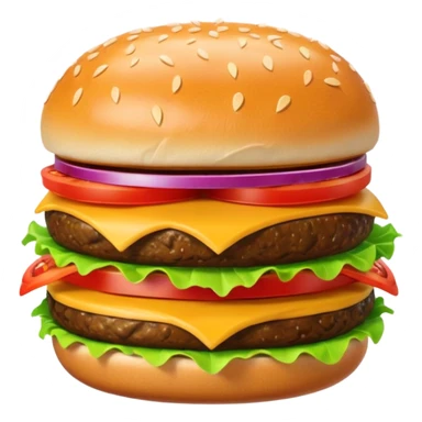 A 3D cartoon cheeseburger with lettuce, tomato, and sesame bun, soft texture, realistic Memoji-style rendering. sticker