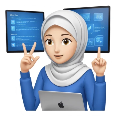 computer engineer with white hijab wearing blue outfit, pointing and gesturing at specific code elements and features on the large digital screen behind her, laptop in front of her, explaining particular parts of her metaverse creation in detail sticker