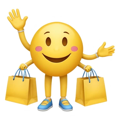 HAPPY SMILEY FACE WITH HANDS AND FEET EMOJI WITH SHOPPING BAGS IN EACH HAND sticker