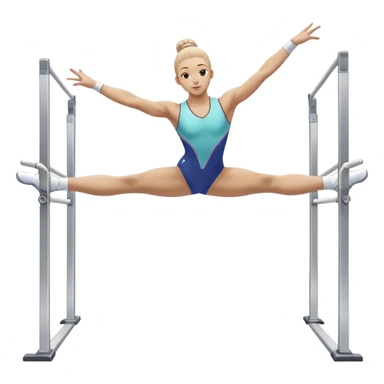 Professional gymnast performing a complex routine on parallel bars, demonstrating strength, control, and perfect balance. The gymnast is mid-air, executing a powerful move with focused concentration. The background shows a brightly lit gymnasium with a cheering audience. sticker