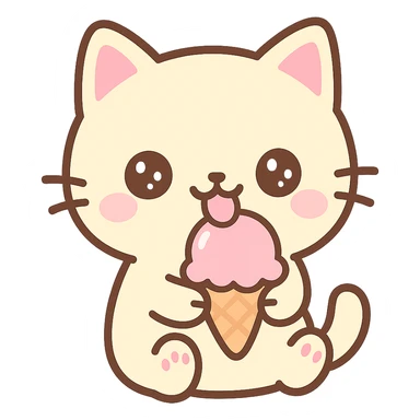 happy cat licking an ice cream, kawaii style sticker