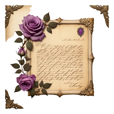 An antique handwritten letter on aged parchment, delicately adorned with dried light mauve roses, their petals slightly curled with time, resting beside it. A deep tyrian purple wax seal, intricately stamped with an ornate crest, secures the letter, evoking a vintage aesthetic of romance and mystery. The soft glow of candlelight casts gentle shadows, enhancing the nostalgic charm of the scene. sticker