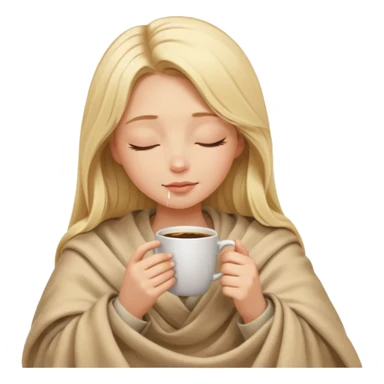 Blonde girl long hair inside a beige blanket sipping coffee eyes closed sticker