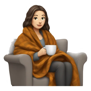 Brunette white girl covered in blanket autumn vibe sitting on a cozy chair holding coffee, window on the background sticker