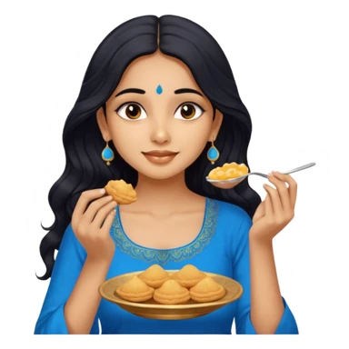 a pretty tan indian bratz girl with wavy long BLACK hair. eyeliner on, wearing a blue kurti, eating golgappa. NO SPOON sticker