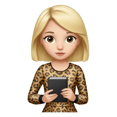 Blond hair girl with a leopard print dress and black leggings holding a note book and a pen sticker