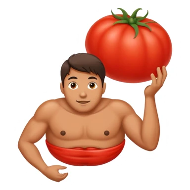 man with a large red tomato instead of a belly sticker