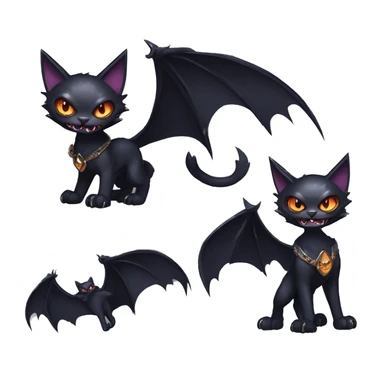  cool edgy fantasy dark-themed animal vampiric cat-hybrid Fakemon with fangs and bat-wing-ears with a collar full body sticker