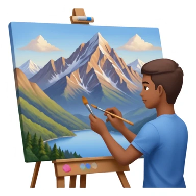 Artist painting a beautiful mountain peak destination on canvas sticker