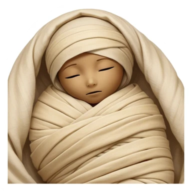A snug, cozily wrapped mummy, fully encased in soft, slightly loose bandages, even its face gently hidden behind folds with only a tiny glimpse of sleepy eyes, nestled in warm, faded tones with gentle golden accents, simplified yet irresistibly charming, highly detailed with a soft glowing outline capturing the peaceful aura of an ancient being drifting into rest! sticker