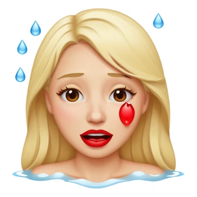 blonde having crying emoji tears (water-emoji) from hard laughter. really happy in general, happy eyes. red lipstick sticker