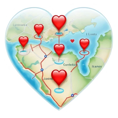Translucent ethereal map with actual cartographic details, red heart markers for relationships and different colored pins for various emotional experiences sticker
