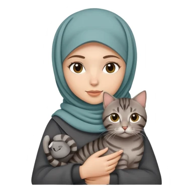 White girl wearing hijab holding a black grey tabby cat sticker